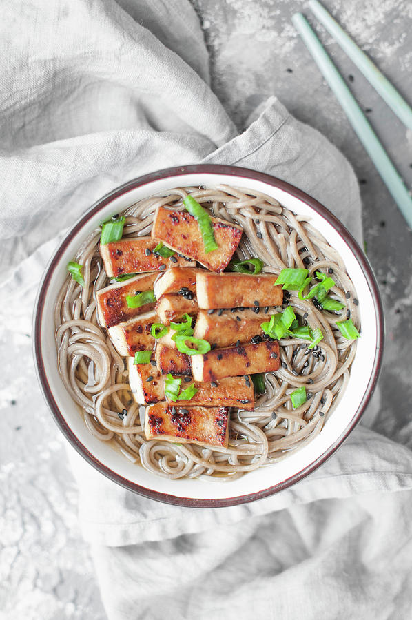 Easy Miso Soup With Soba Noodles And Fried Tofu, Sprinkled With Chopped Spring Onion And Black Sesame Seeds Photograph by Kachel Katarzyna