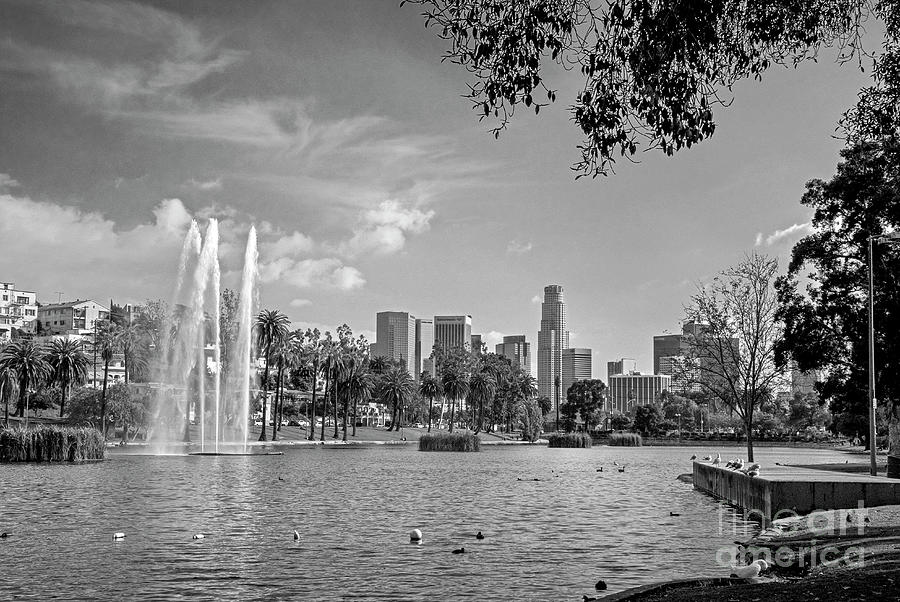 Echo Park Lake Cityscape BW Photograph by David Zanzinger