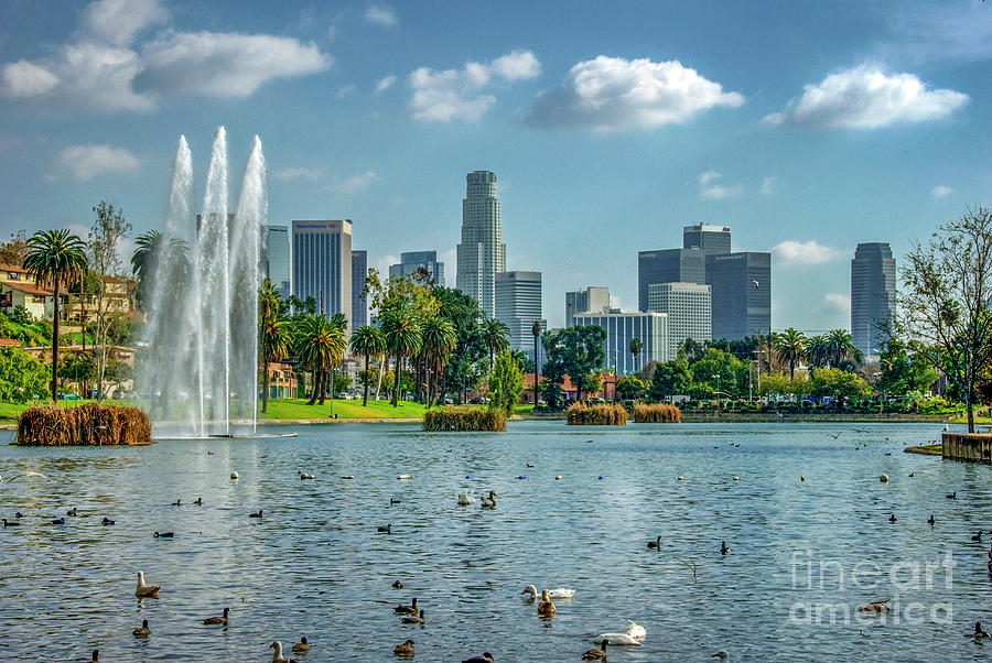 Echo Park Lake Fountains Photograph By David Zanzinger