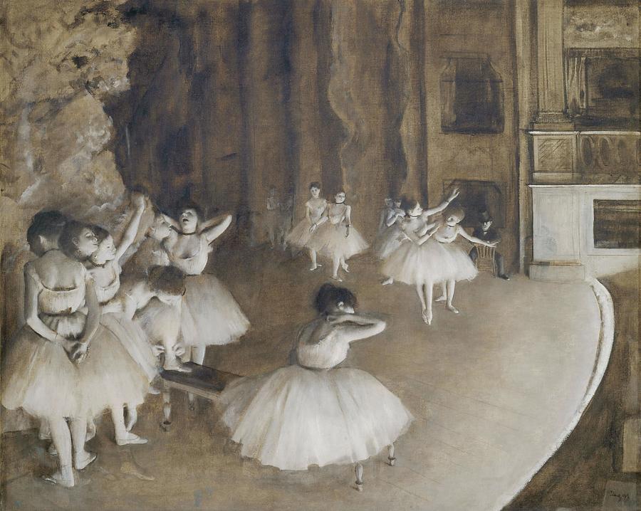 EDGAR DEGAS Repetition dun ballet sur la scene Ballet Rehearsal on Stage, 1874. Painting. Painting by Edgar Degas