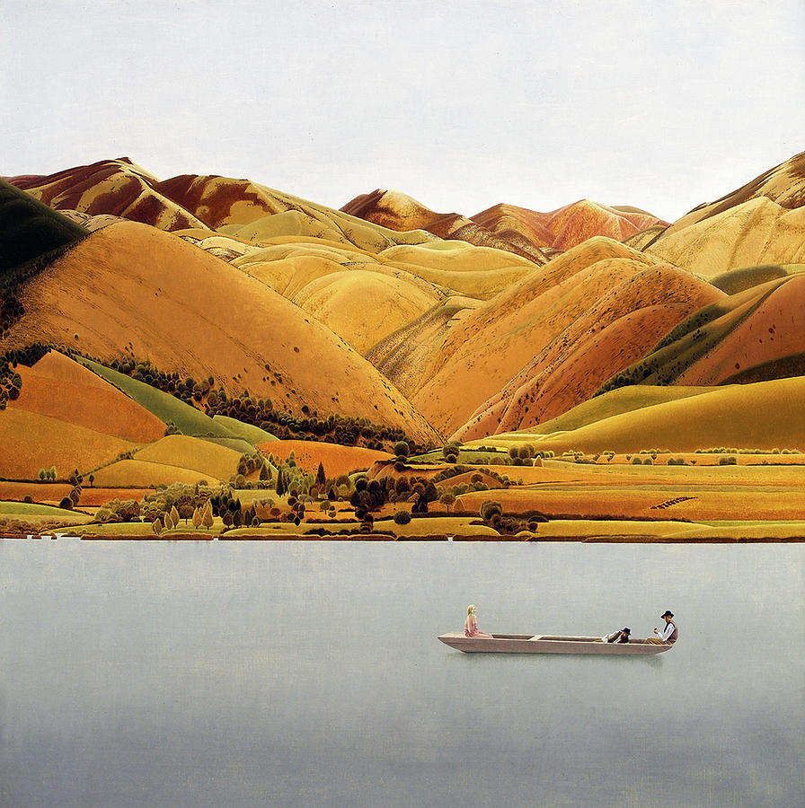 Edge Of Abruzzi - Boat With Three People On A Lake Painting by Mountain Dreams
