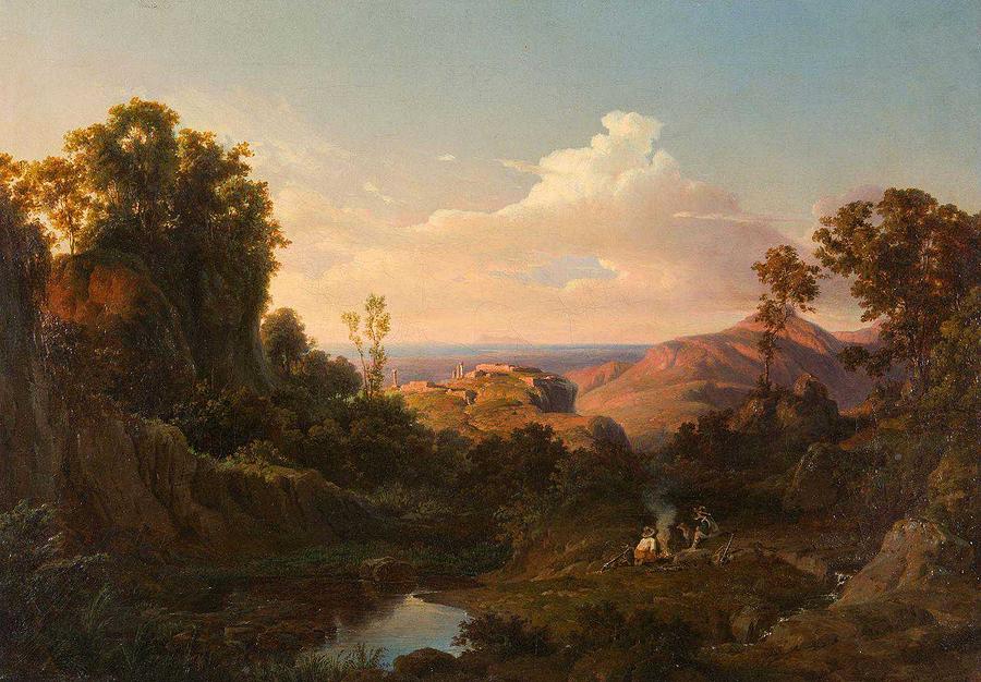 Edmund Von Worndle , Two Hunters Resting On A Shady Mountain Stream Painting