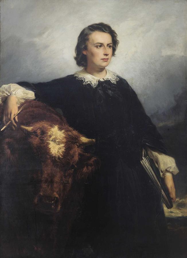 Portrait Painting - Edouard-Louis Dubufe PORTRAIT OF ROSA BONHEUR WITH A BULL by Celestial Images