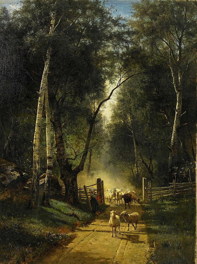 Nature Painting - EDVARD BERGH 1828-1880 Vall girl with his flock in the forest lane by Celestial Images