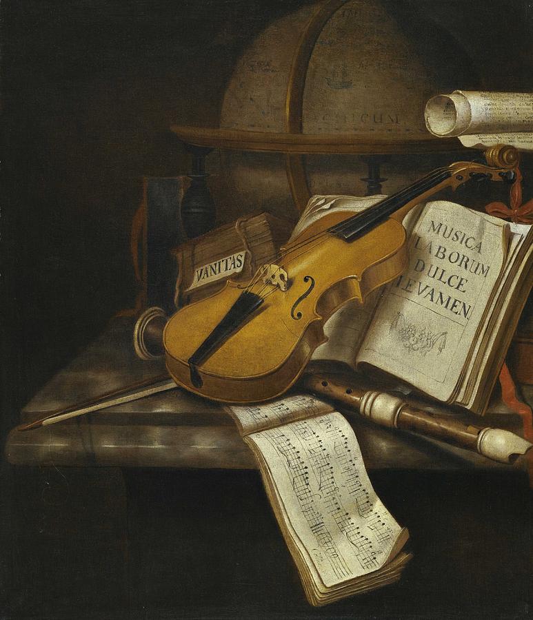 Edwaert Collier - A Vanitas Still Life With A Violin, A Recorder, And A Score Of Music On A Marble T Painting