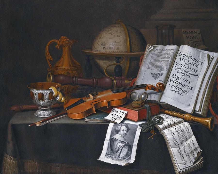 Music Painting - Edwaert Collier - Vanitas still life with a globe, a violin and bow by Celestial Images