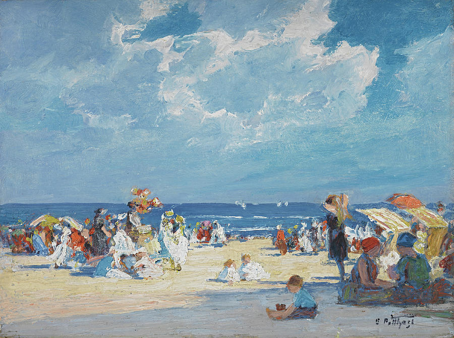 Edward Henry Potthast -Cincinnati, 1857-Nueva York, 1927-. Beach Scene -ca. 1915-. Oil on panel. ... Painting by Edward Henry Potthast -1857-1927-
