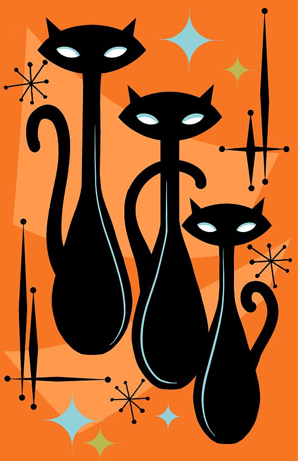 Vintage Painting - Effervescent Orange Atomic Age Black Kitschy Cat Trio by Little Bunny Sunshine