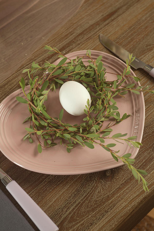 Egg In Twig Wreath On Pink, Heart-shaped Plate Photograph by Great Stock!