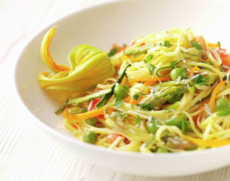 Egg Pasta With Summer Vegetables And Courgette Flowers Photograph by Hilary Moore