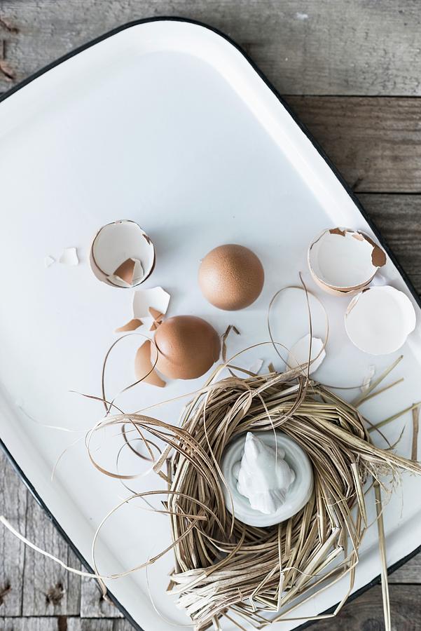 Egg Shells And Raffia Nest On White Tray Photograph by Ulla@patsy