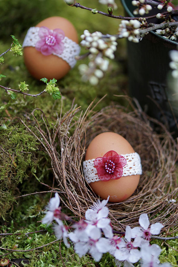 Egg With Lace Ribbon And Cherry Plum Blossom In Easter Nest Photograph by Angelica Linnhoff