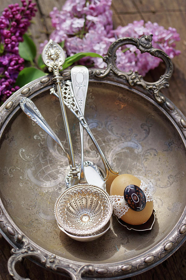 Egg With Tip On Antique Silver Spoon In Silver Bowl Photograph by Angelica Linnhoff