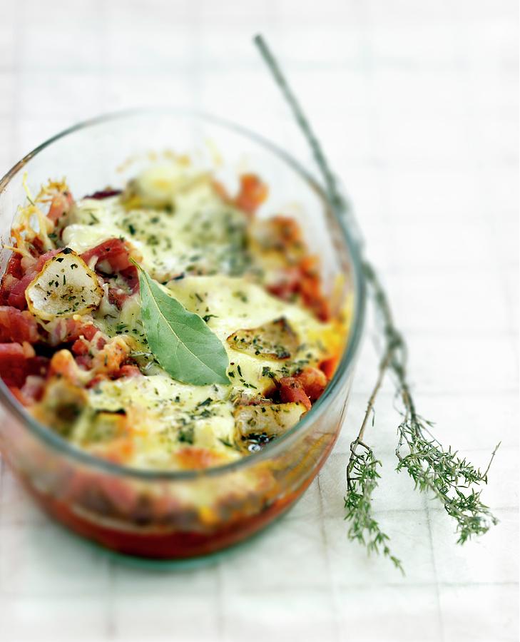 Eggplant And Diced Bacon Cheese-topped Dish Photograph by Radvaner