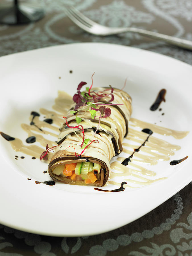 Eggplant Cannelloni With Squash, Carrot, Tomato, Tofu And Tahini Filling Photograph by Lawton