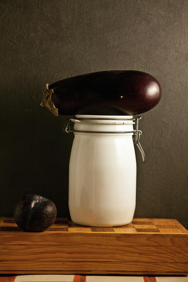 Eggplant, Plum And Jar Still Life Photograph by Marilyn Conway