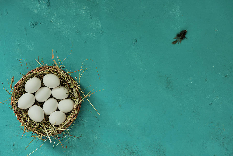 Eggs In A Basket And A Feather On A Blue Background Photograph by Edyta Girgiel