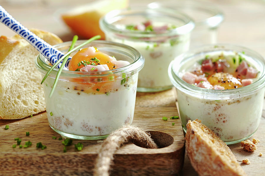 Eggs In Jars With Chives And Ham For An Easter Breakfast Photograph by Teubner Foodfoto