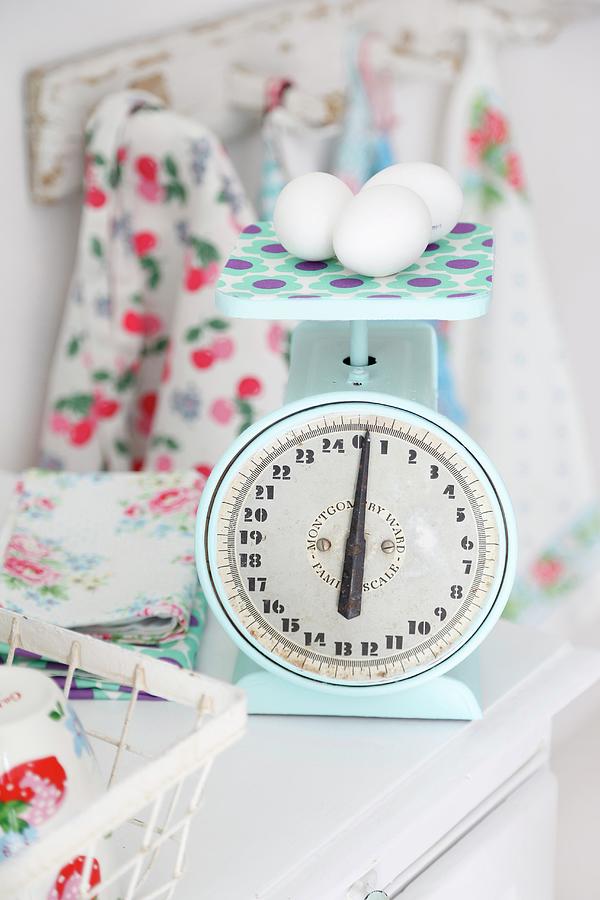 Eggs On Pale Blue, Vintage Kitchen Scales Photograph by Syl Loves