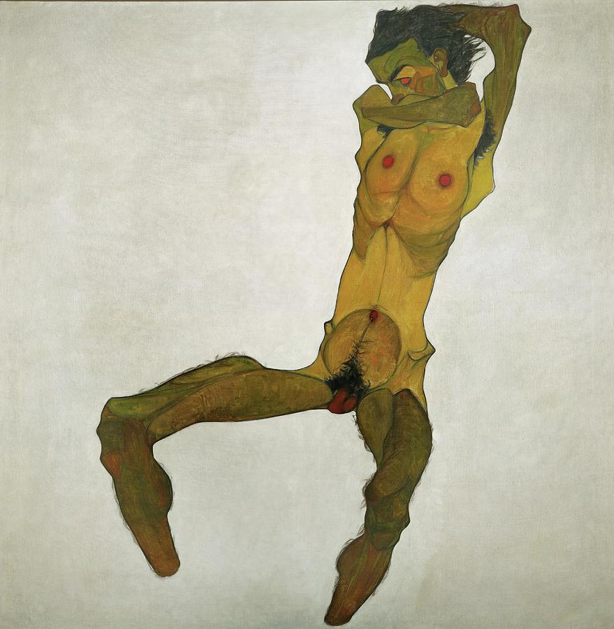 EGON SCHIELE Sitzender Mannerakt -Selbstdarstellung- Seated Male Nude -Self-Portrait-, 1910. Painting by Egon Schiele