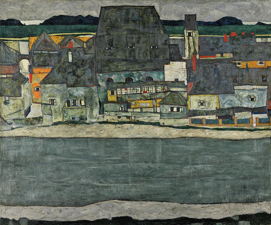 Egon Schiele -Tulln, 1890-Vienna, 1918-. Houses on the River -The Old Town- -1914-. Oil on canvas... Painting by Egon Schiele -1890-1918-