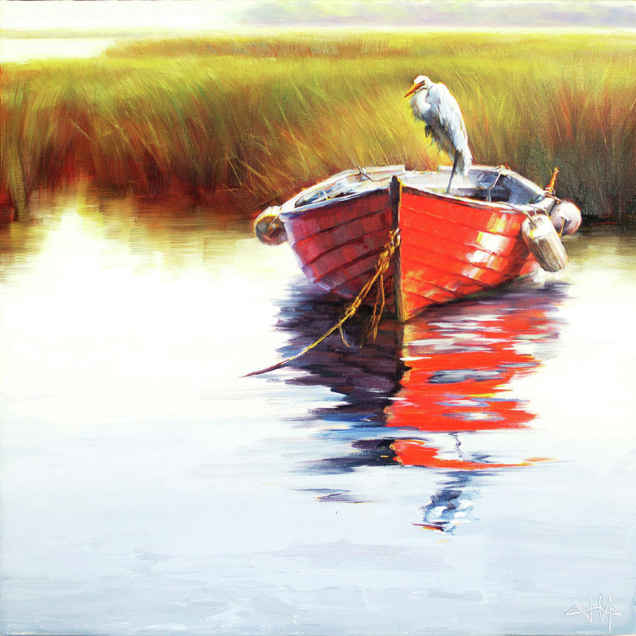 Egret and Red Boat Painting by Jihong Shi - Fine Art America