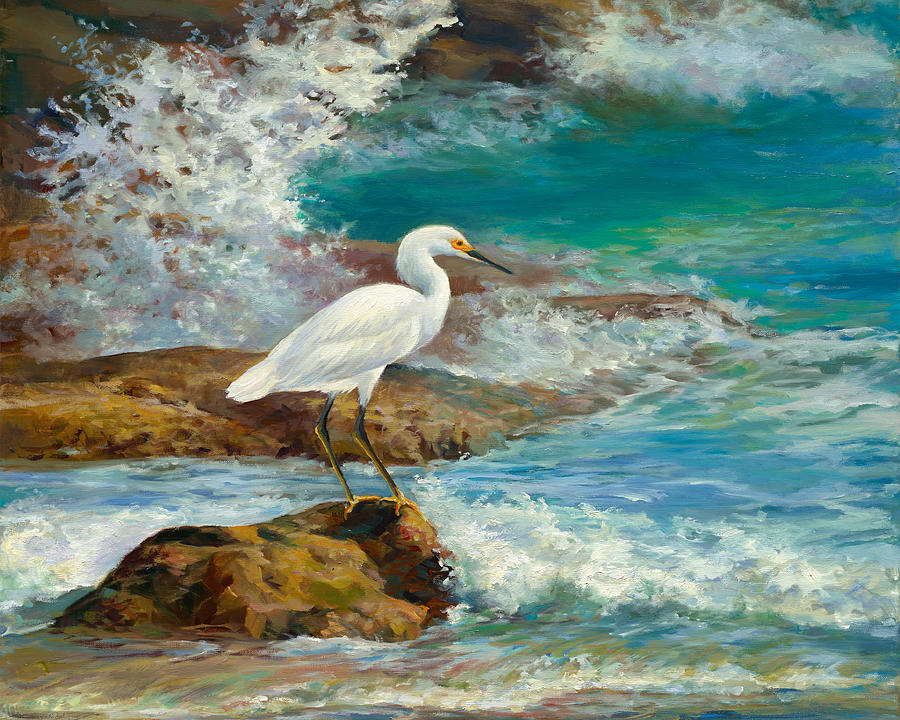 Egret Painting - Egret - Breakfast on the Rocks by Laurie Snow Hein