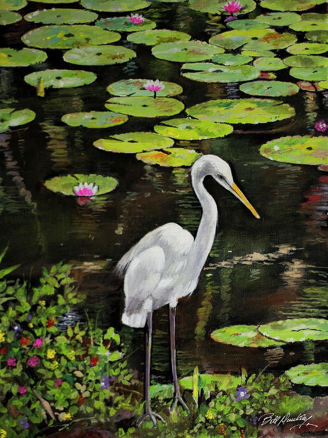 Egret in Lily Pond Painting by Bill Dunkley