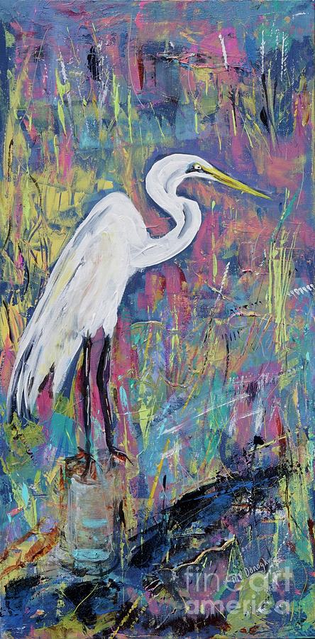 Egret on Color Filled Bank Painting by Patty Donoghue