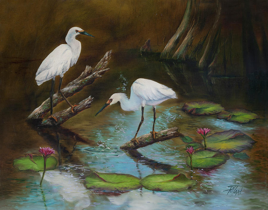Two Egrets--Missed Again Painting by Lynne Pittard
