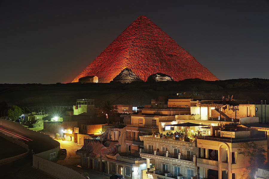 Egypt, Cairo, Giza, Sphinx, Pyramid Of Chephren, Evening Light Show Over The Town And The Great Pyramids Of Giza Digital Art by Richard Taylor
