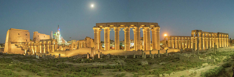 Egypt, Nile Valley, Luxor, Thebes, Temple Of Luxor, Panorama With Moon At Luxor Temple At Blue Hour Digital Art by Manfred Bortoli