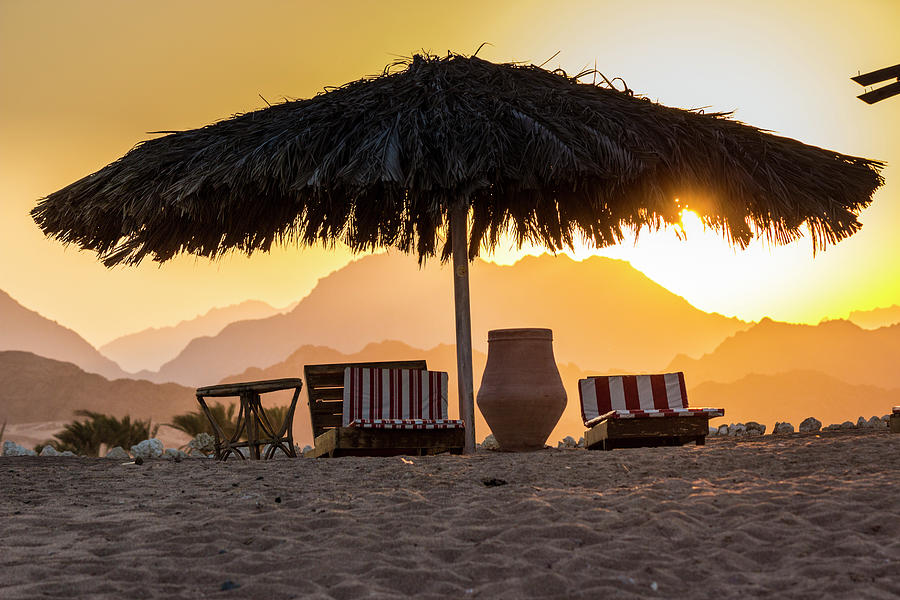 Beach Digital Art - Egypt, Sinai, Sharm El Sheikh, Red Sea, Nabq Bay, Beach Beds At Sunset With Sinais Mountains Behind by Manfred Bortoli