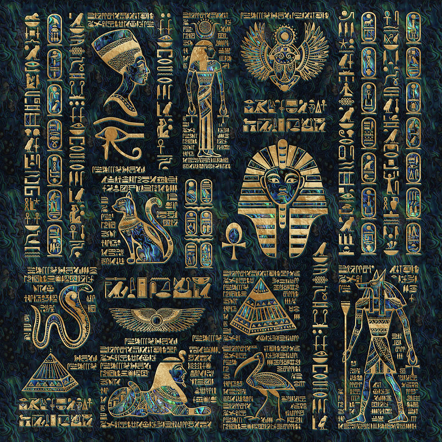 Egyptian hieroglyphs and deities -Abalone and gold Digital Art by ...