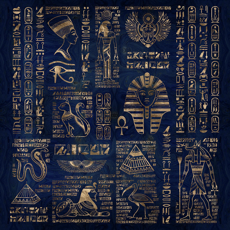 Egyptian hieroglyphs and deities-gold on blue marble Digital Art by ...