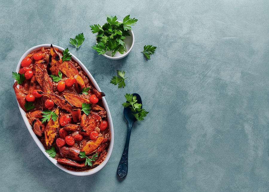 Egyptian-style Sweet Potato, Mince And Carrot Bake Photograph by Great Stock!