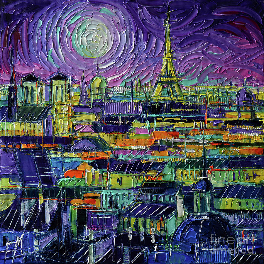 EIFFEL TOWER AND PARIS ROOFTOPS AT NIGHT - Stylized Cityscape Mona Edulesco Painting by Mona Edulesco