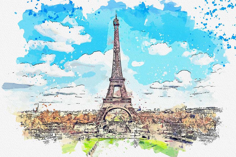 Paris Painting - Eiffel Tower, Paris, France watercolor by Ahmet Asar by Celestial Images