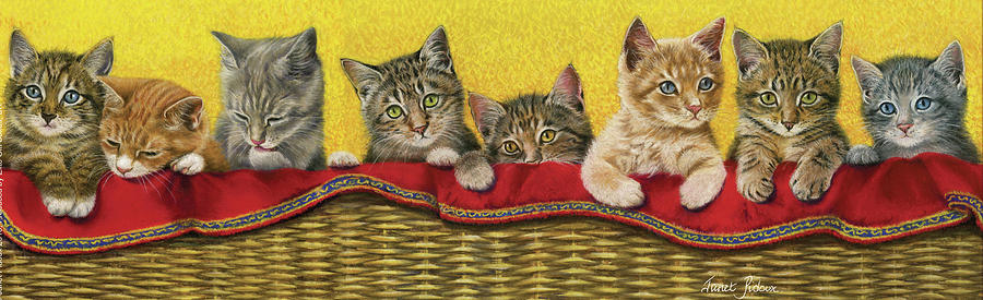 Animal Painting - Eight Kittens In Basket by Janet Pidoux