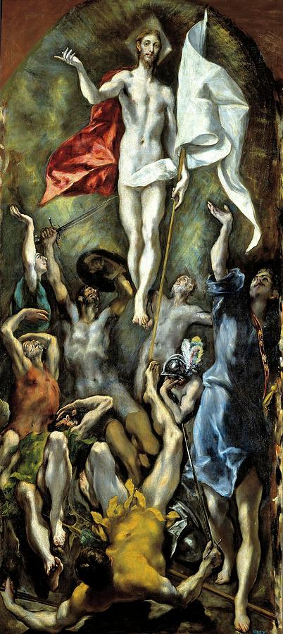 El Greco / The Resurrection, 1597-1600, Spanish School, Oil on canvas, 275 cm x 127 cm, P00825. Painting by El Greco -1541-1614-