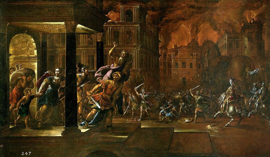 El incendio de Troya, First half 17th century, Spanish School, Oil on canvas... Painting by Juan de la Corte -c 1597-1662-