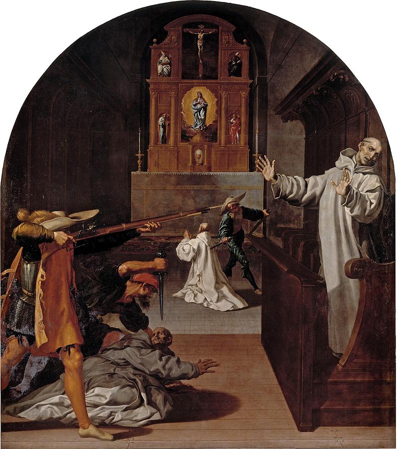 El martirio de los cartujos de Bourg Fontaine, 1626-1632, Spanish School, Ca... Painting by Vincenzo Carducci -c 1576-1638-