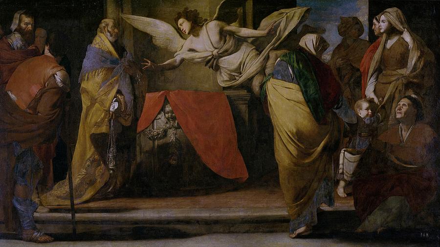 El nacimiento del Bautista anunciado a Zacarias, ca. 1635, Italian School,... Painting by Massimo Stanzione -1585-1656-