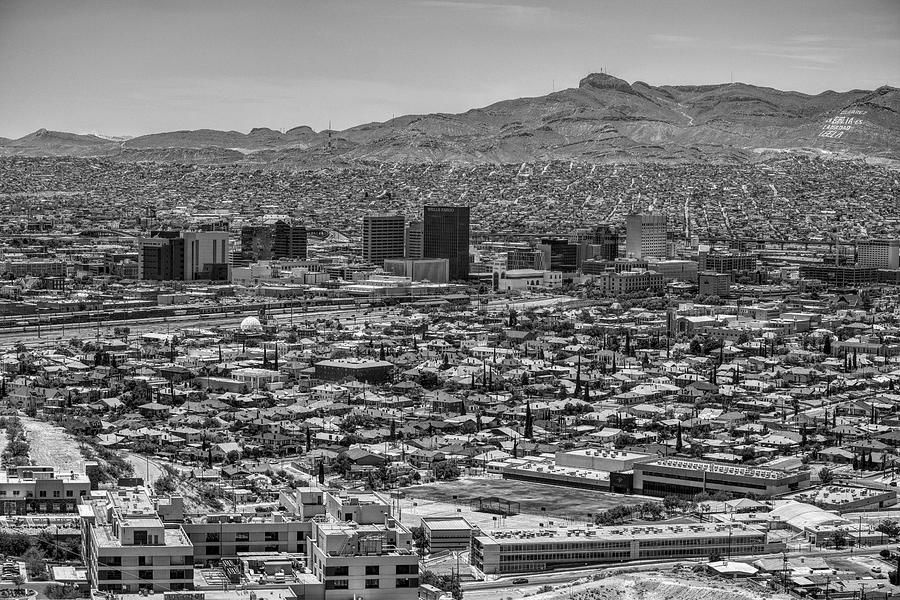 El Paso, Texas and Ciudad Juarez skyline black and white Photograph by Chance Kafka