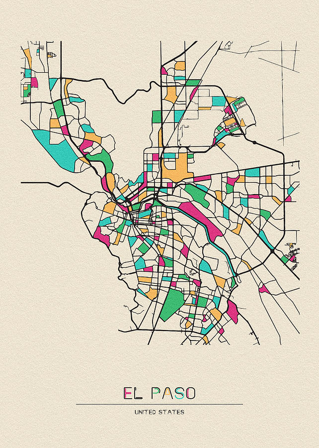 El Paso, Texas City Map Drawing by Inspirowl Design Pixels