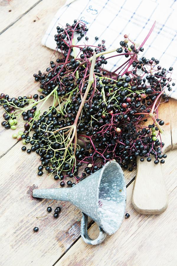 Elderberries On A Chopping Board With A Funnel Photograph by Food Experts Group