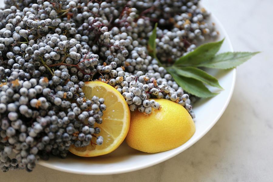 Elderberries With Lemons In A White Bowl On A Marble Surface Photograph by Bayle Doetch