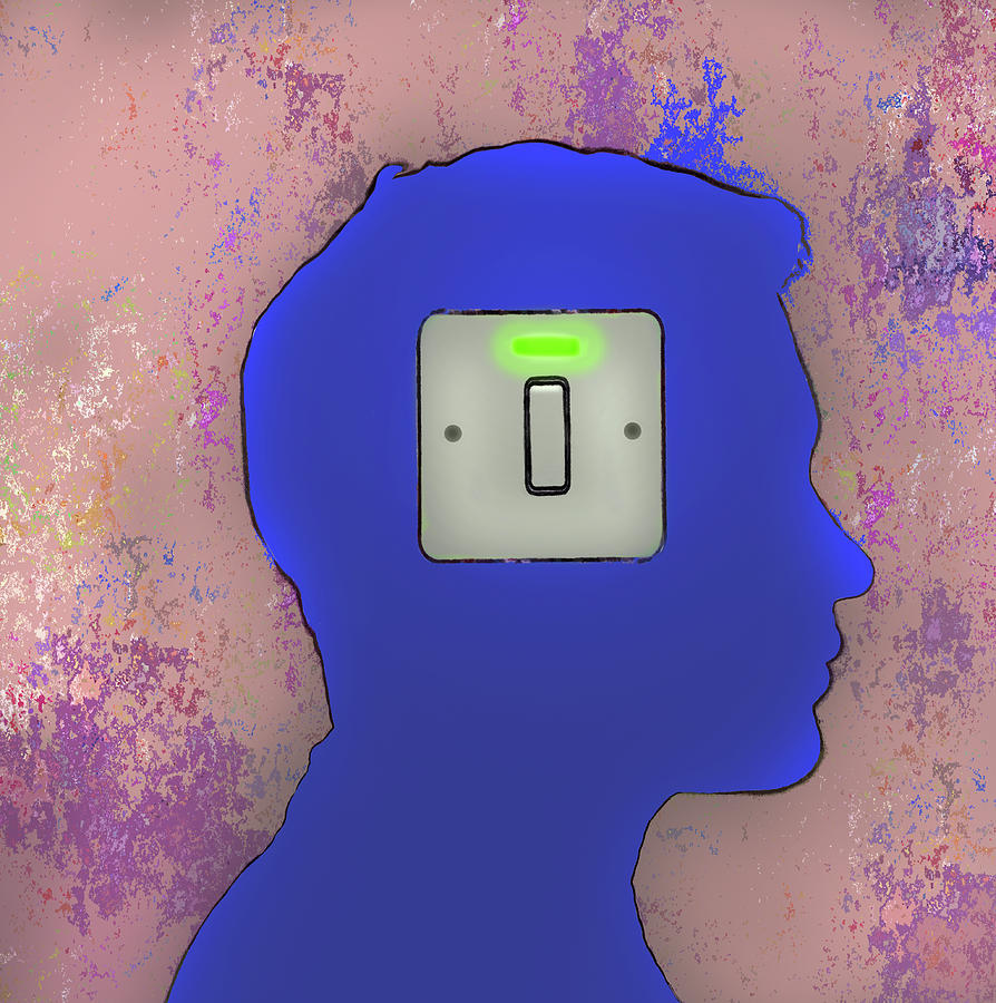 Electric Switch Lit Up On Mans Head Photograph by Ikon Images