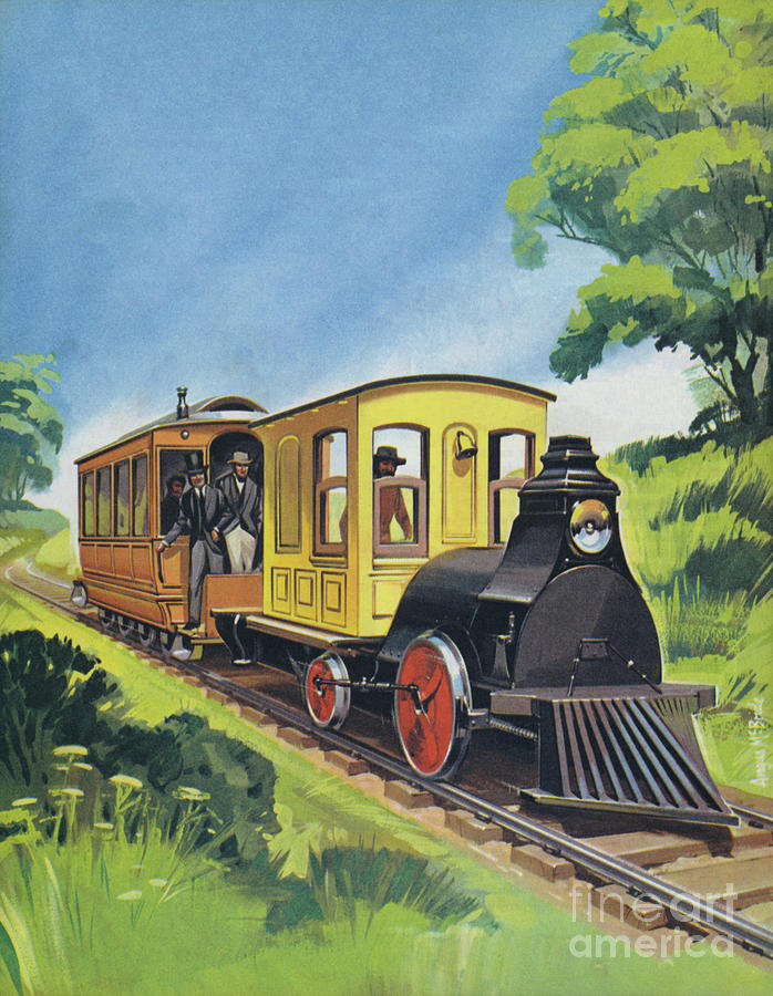 Electric train designed by Thomas Edison Painting by Angus McBride