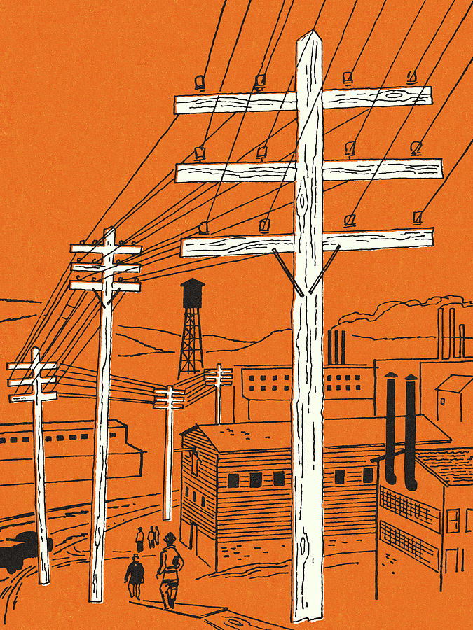 Vintage Drawing - Electrical Power Lines by CSA Images